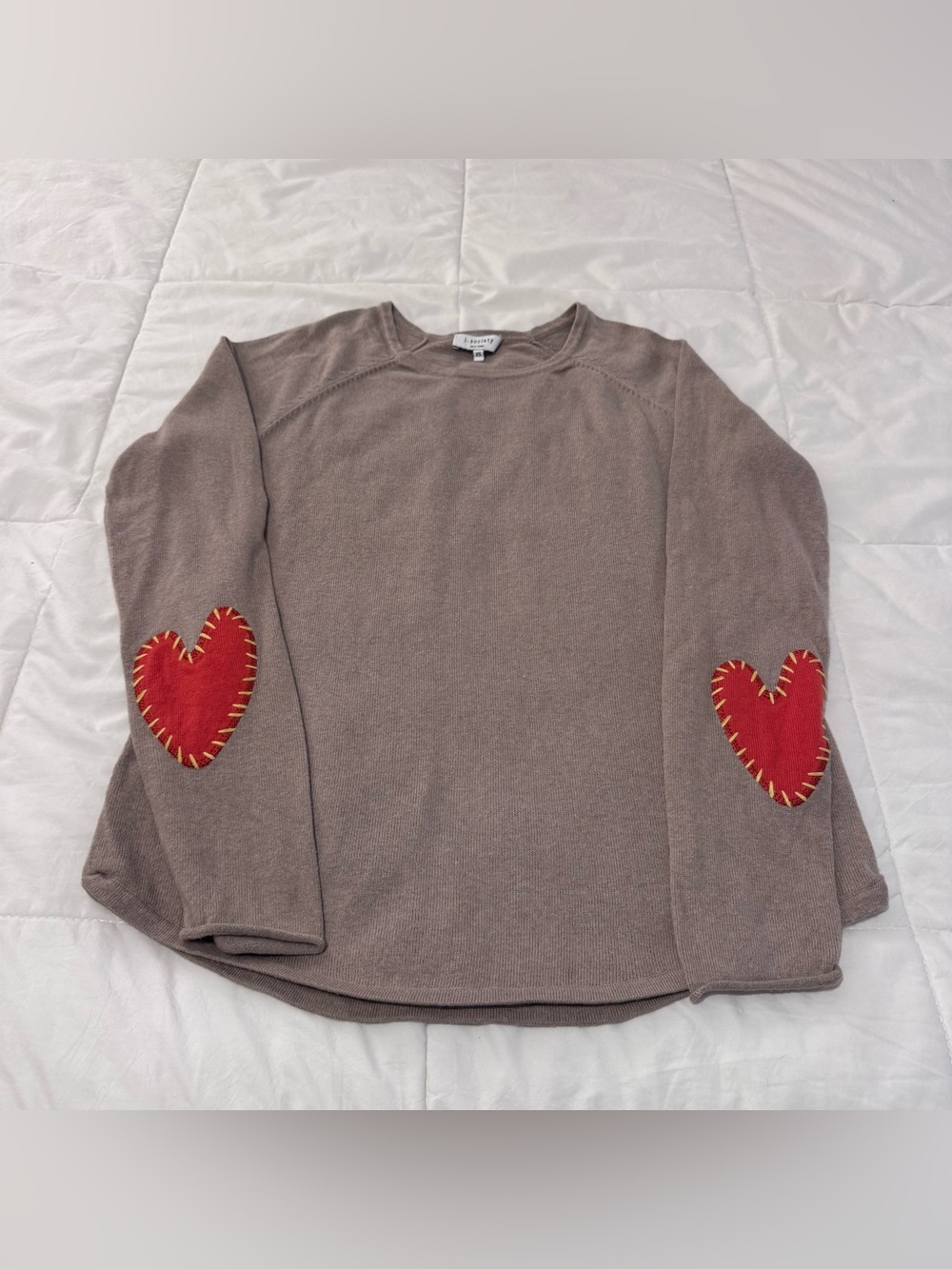Women’s Light Brown/Beige Heart Elbow-Patch Sweater - Taupe with Red Hearts